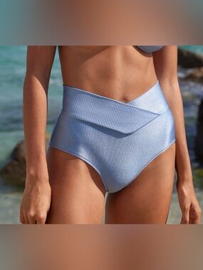 NWT Aerie Shine Rib Crossover Full Coverage High Waist Bikini Bottom Blue - S